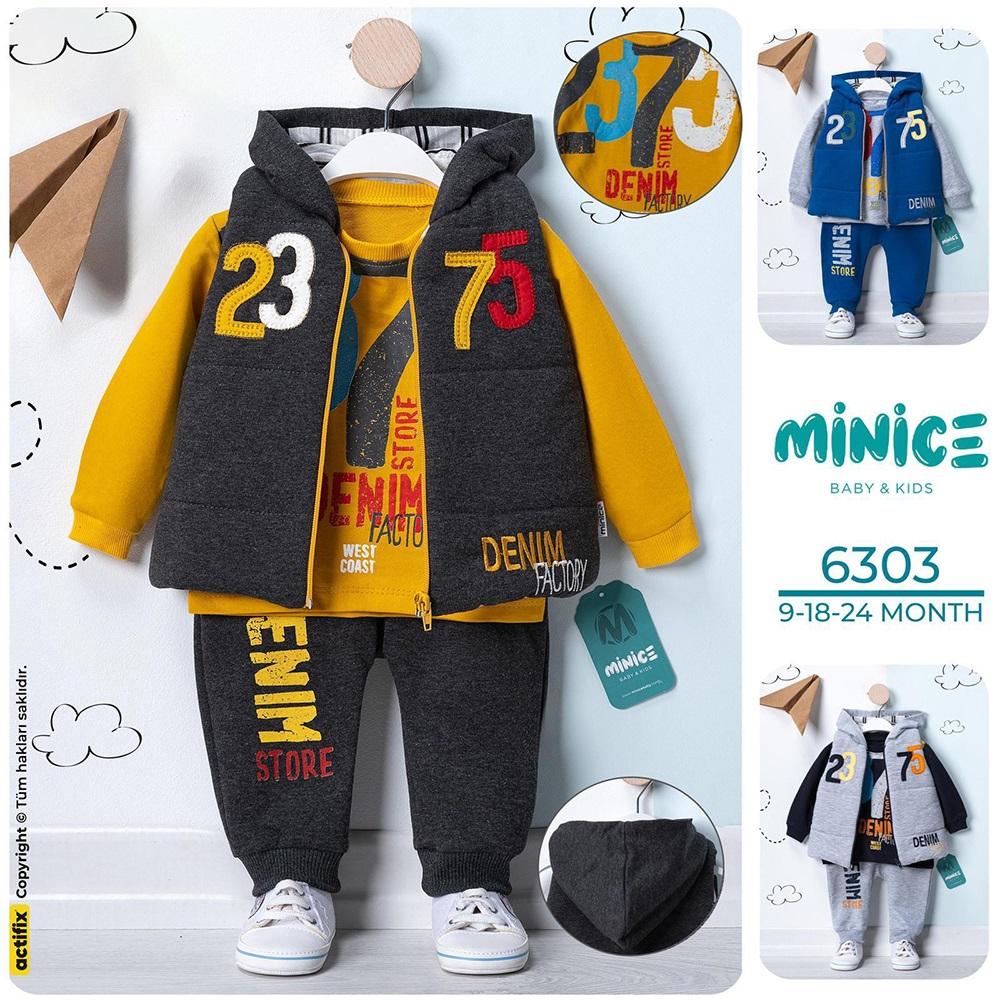 Minice 6303 Erkek Bebe Penye 23-75 Nakışlı 3 lü Takım 9-18-24 Ay