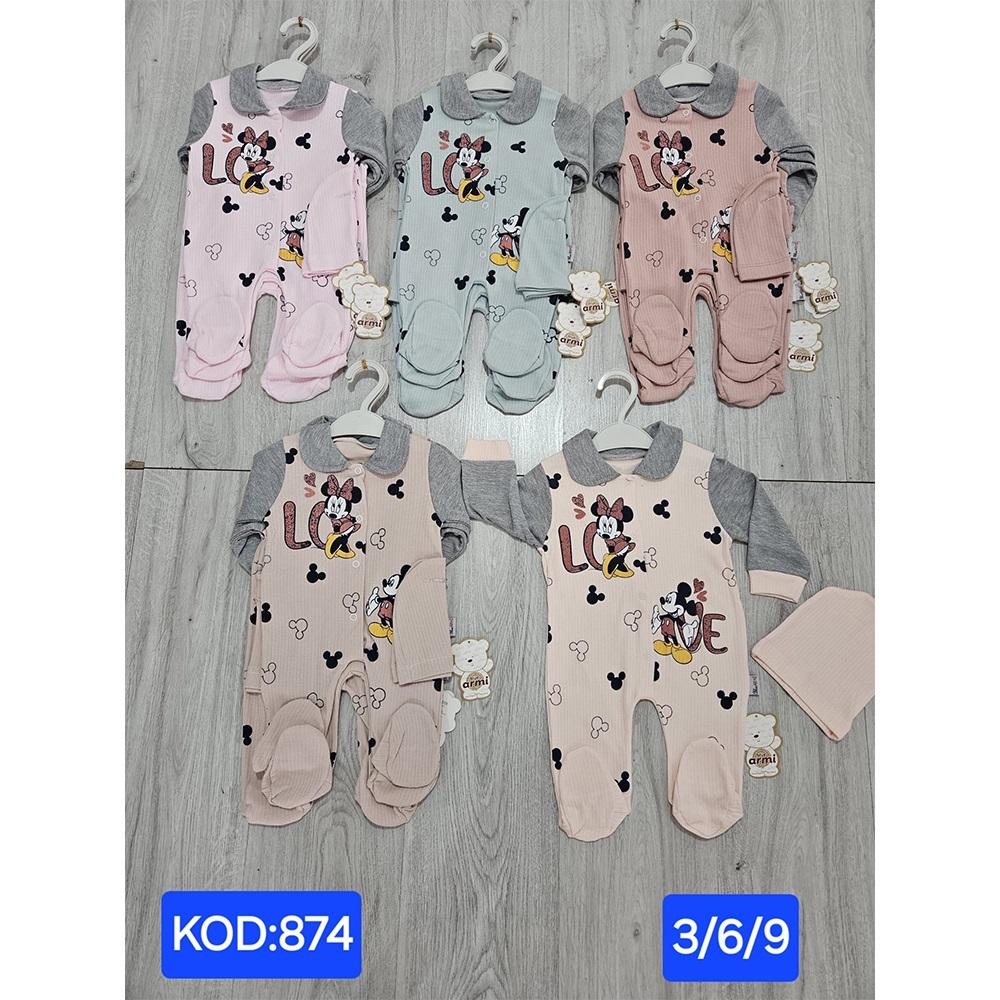 Blue Armi 874 Kız Bebe Penye Mickey Baskılı Tulum 3-9 Ay