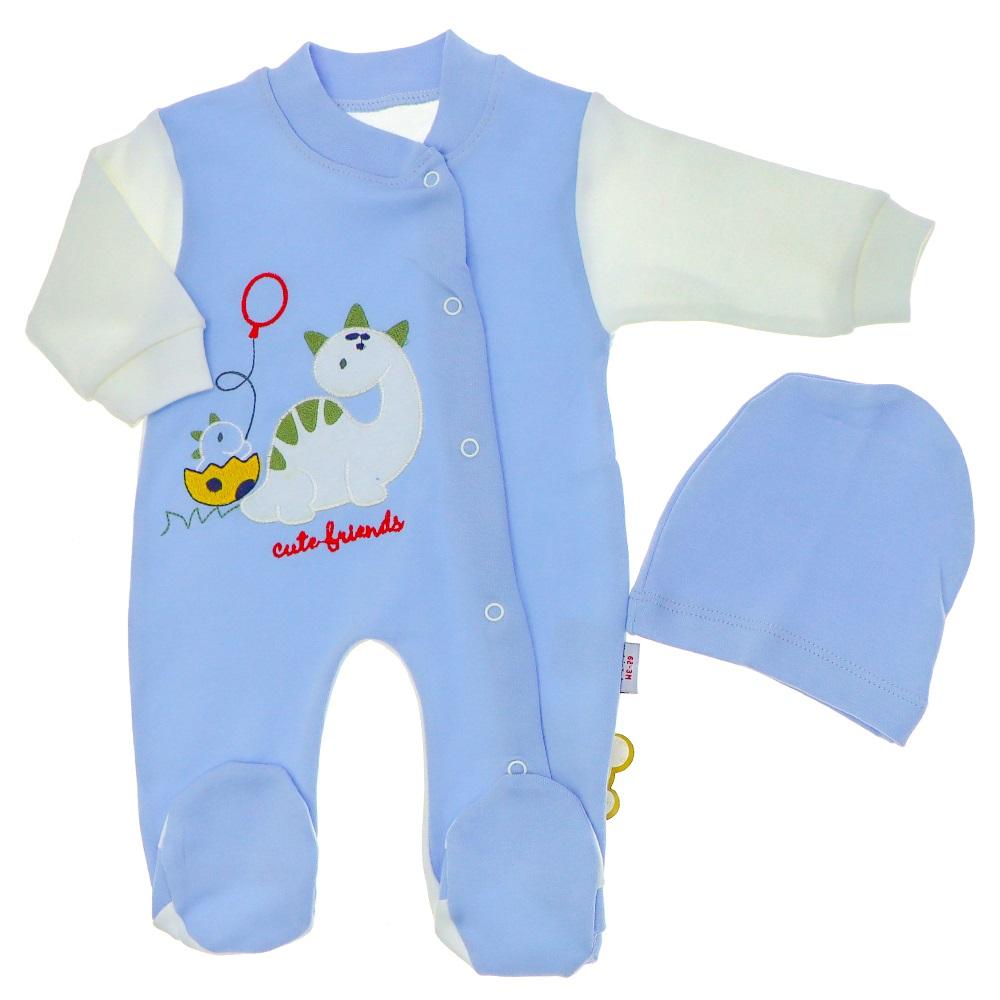 Blue Armi 902 Erkek Bebe Penye Dinazor Yumurtalı Nakışlı Tulum 3-9 Ay