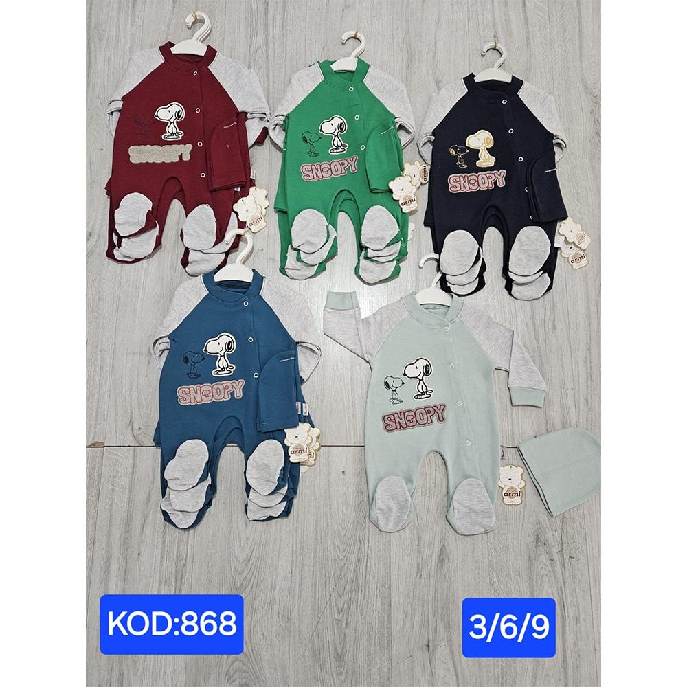 Blue Armi 868 Erkek Bebe Penye Snoopy Nakışlı Tulum 3-9 Ay