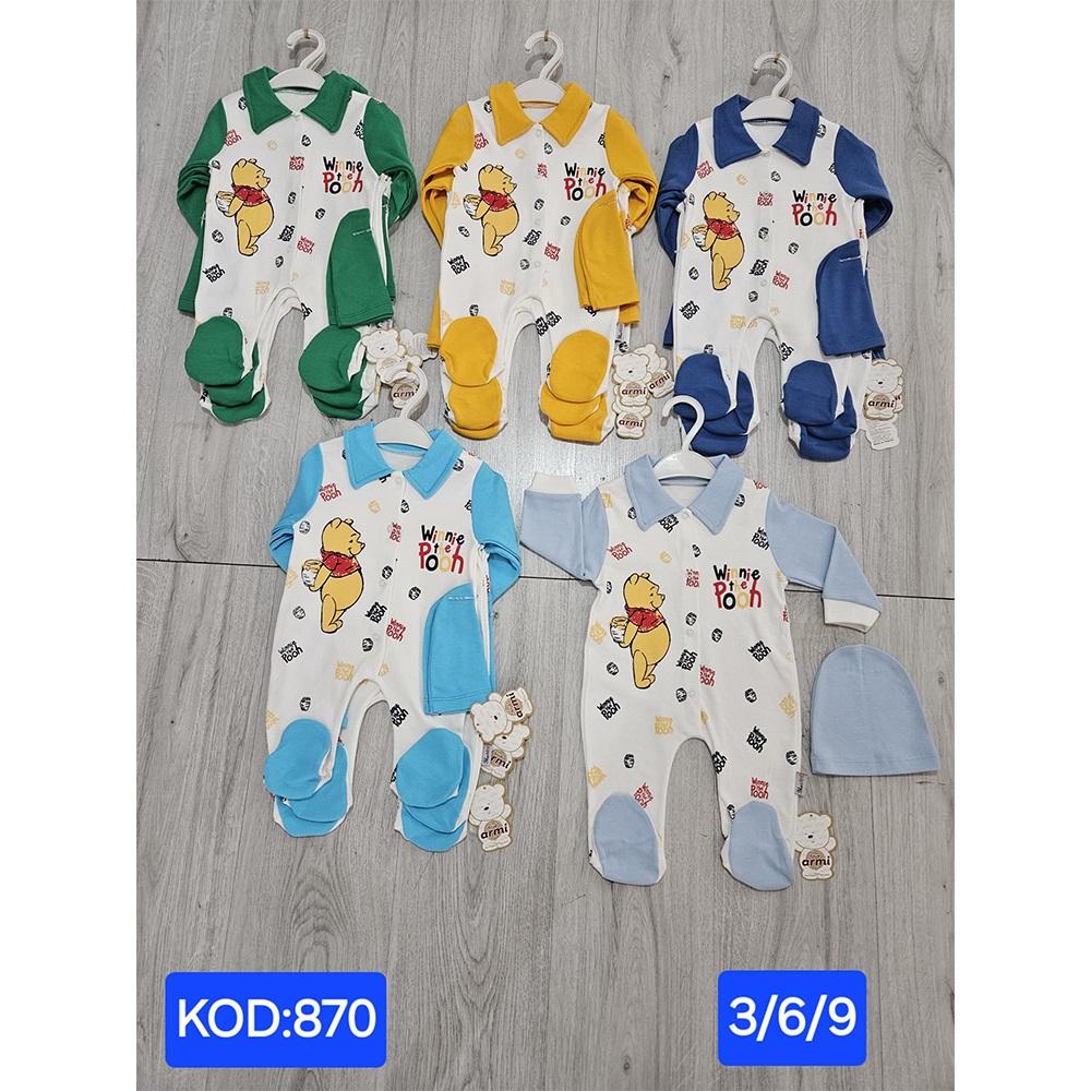 Blue Armi 870 Erkek Bebe Penye Pooh Nakışlı Tulum 3-9 Ay