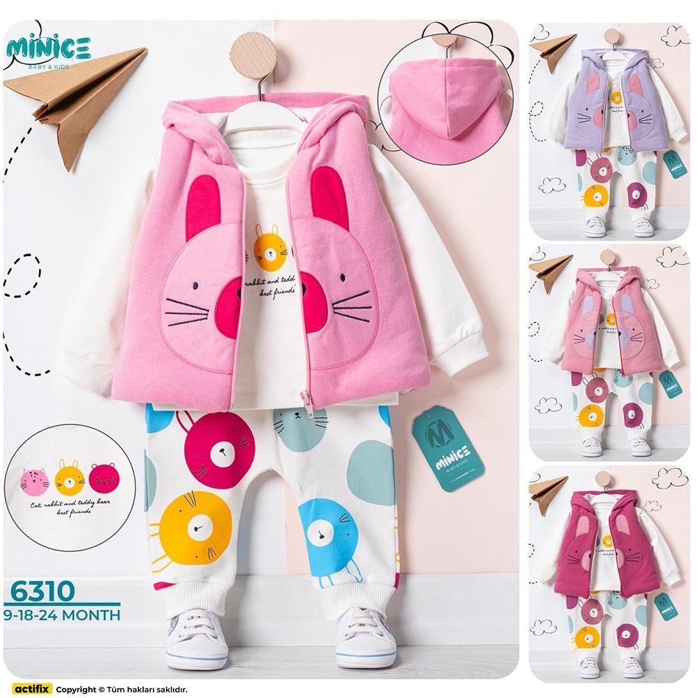 Minice 6310 Kız Bebe Penye Kedi Nakışlı 3 lü Takım 9-18-24 Ay