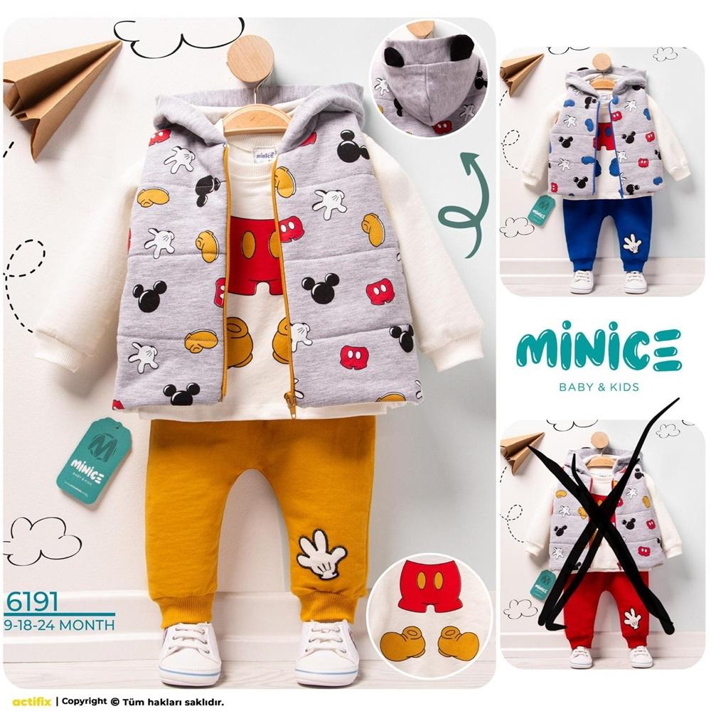 Minice 6191 Erkek Bebe Penye Mickey Baskılı 3 lü Takım 9-18-24 Ay