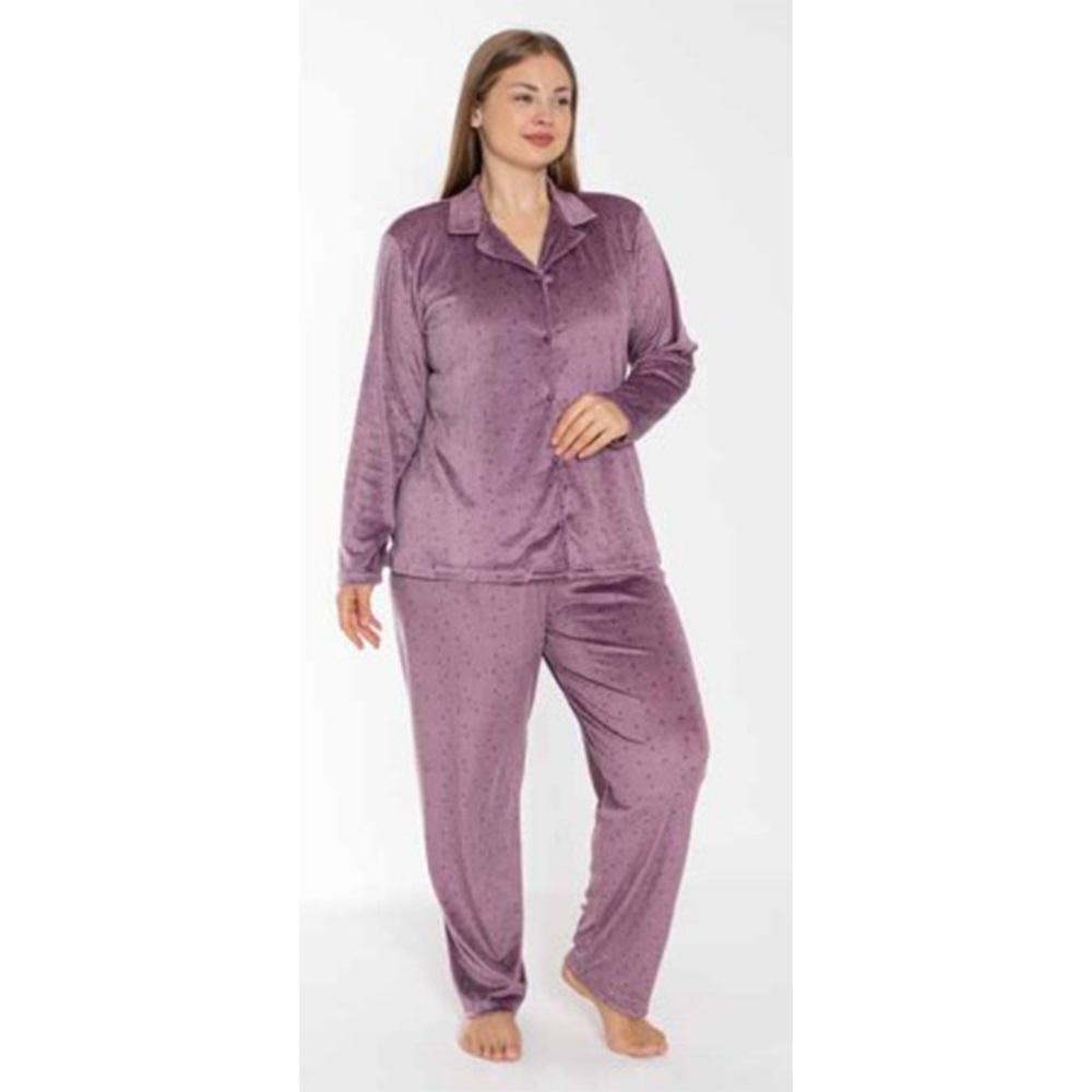 Estiva 24374 Bayan Battal Kadife Boydan Düğmeli Pijama Takımı 3XL-5XL