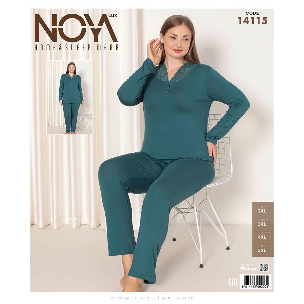 Noya Lux 14115 Bayan Battal Ring Viskon Dantelli 3 Düğmeli Patlı Pijama Takımı 2XL-5XL