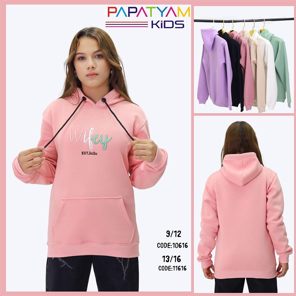 Papatyam Kids 10616 Kız Çocuk 3 İp Wifey Beyaz Yeşil Nakışlı Kapşonlu Sweat 9-12 Yaş