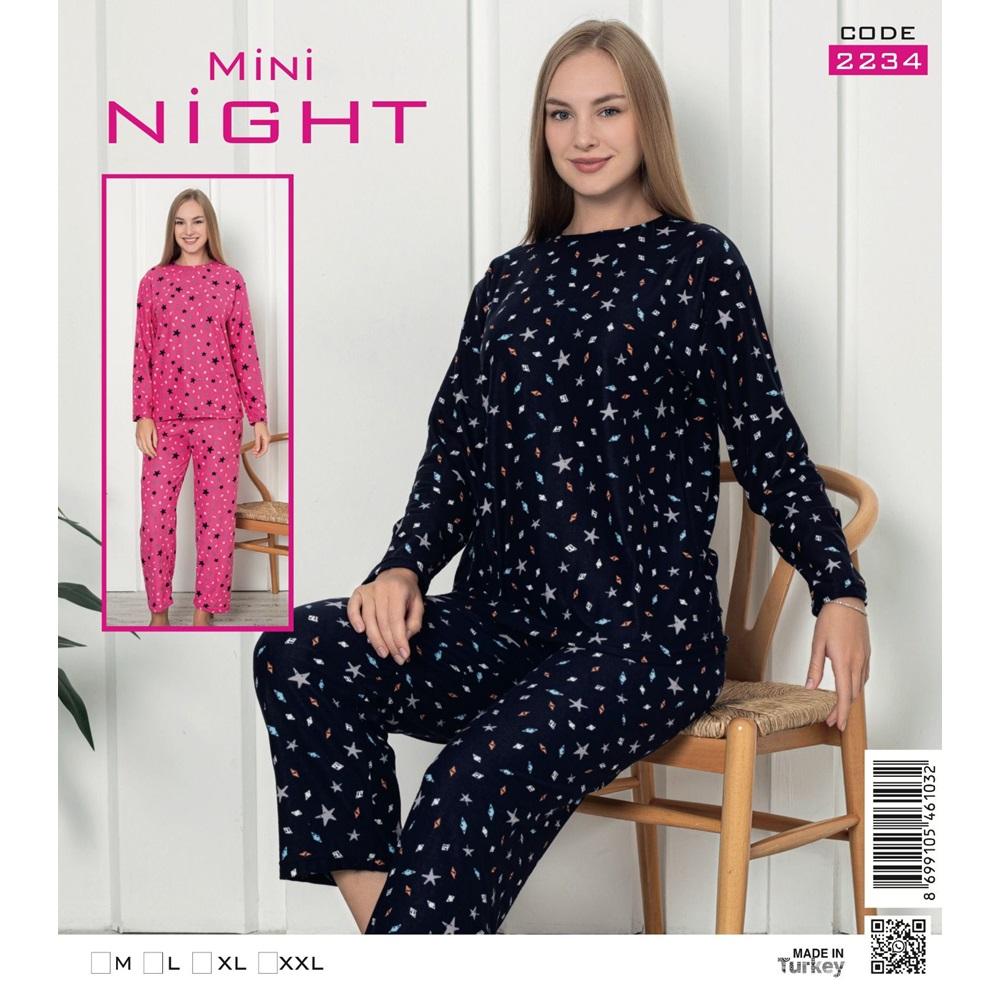 Mini Night 2234 Bayan Desenli Sıfır Yaka Süet Pijama Takımı M-2XL