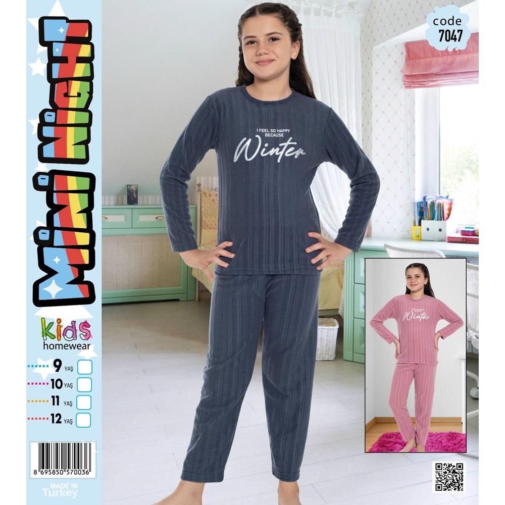 Mini Nigh 7047 Kız Çocuk Fitilli Winter Baskılı Pijama Takımı 9-12 Yaş