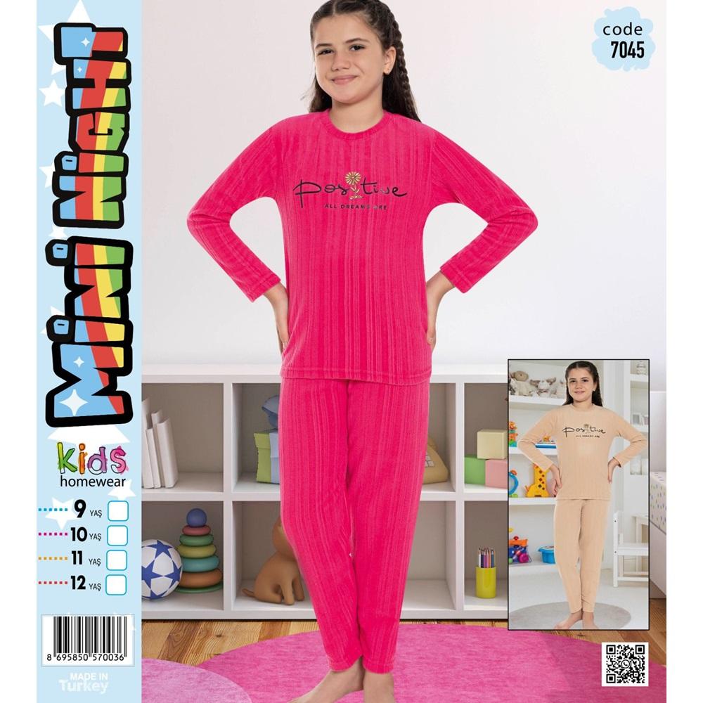 Mini Nigh 7045 Kız Çocuk Fitilli Positive Baskılı Pijama Takımı 5-8 Yaş