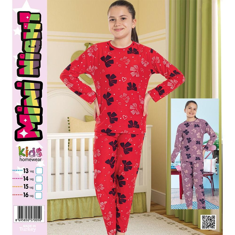 Mini Nigh 3037 Kız Çocuk Desenli Süet Pijama Takımı 5-8 Yaş