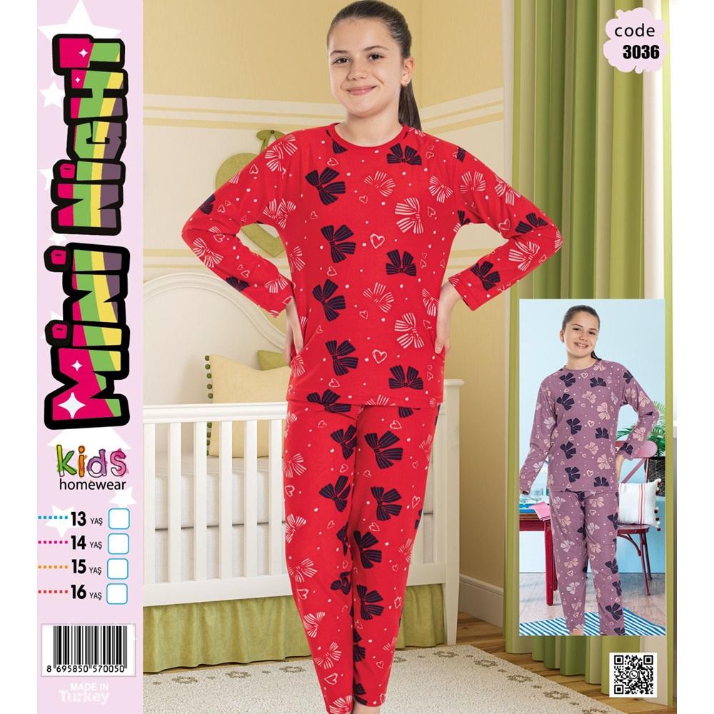 Mini Nigh 3036 Kız Çocuk Desenli Süet Pijama Takımı 13-16 Yaş