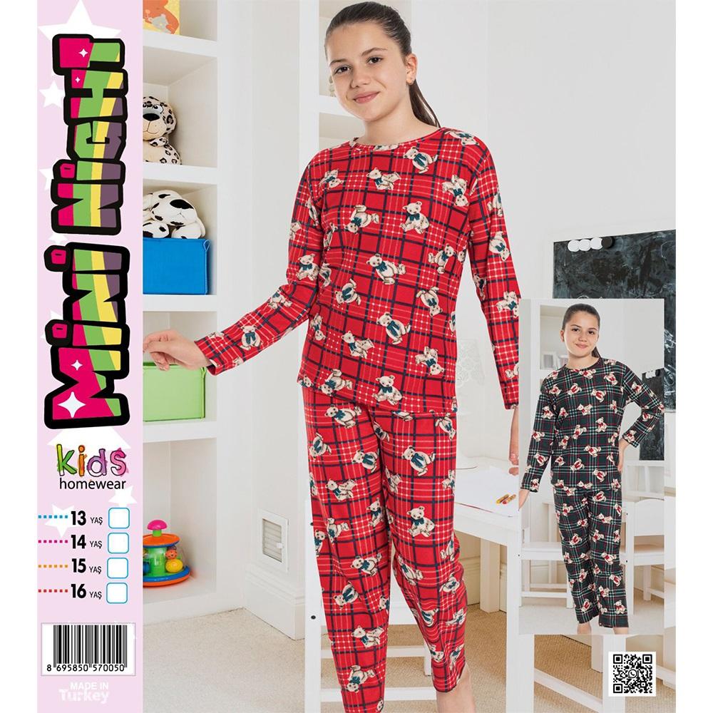 Mini Nigh 3036 Kız Çocuk Desenli Süet Pijama Takımı 9-12 Yaş