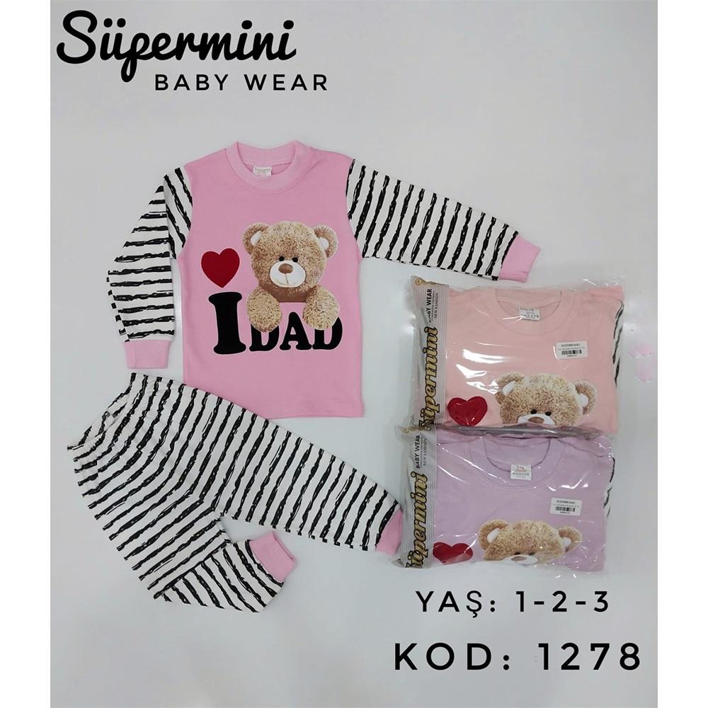 Süpermini 1278 Kız Çocuk Peluş Ayı Bas Penye 2 Li PijamaTakımı 1-3 Yaş