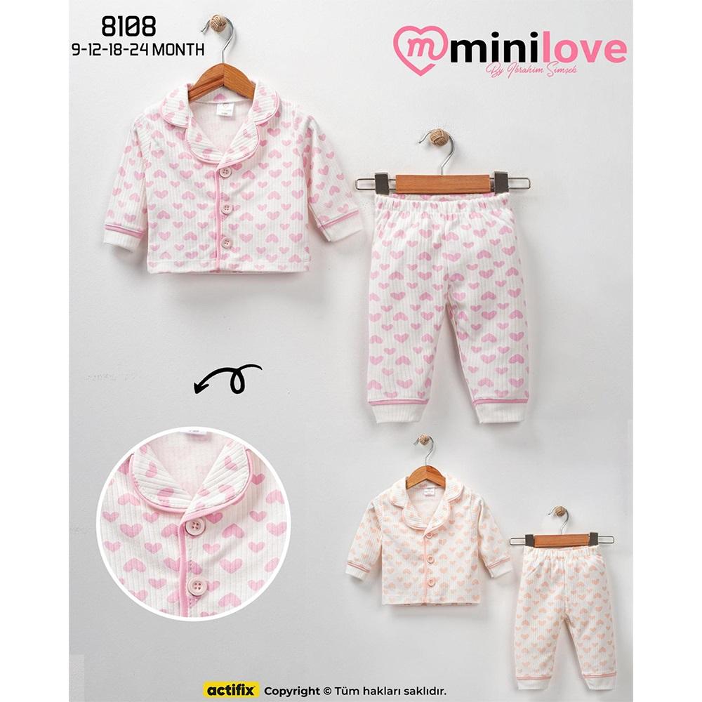 Mini love 8108 Bebe Raporlu Şirin Kalp Bas Gömlek Pijama Takımı 6-24 Ay