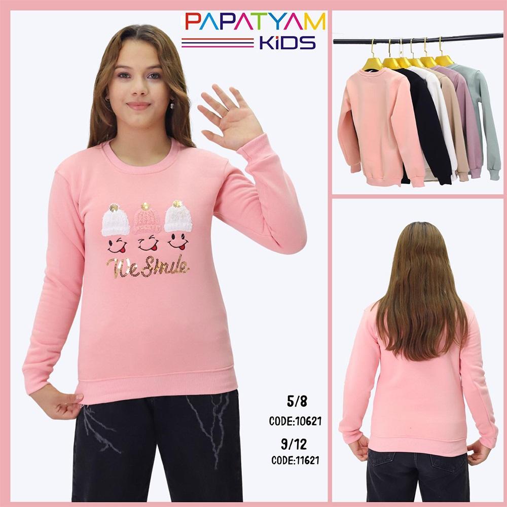 Papatyam Kids 10621 Kız Çocuk 3 İp Peluş Gülen Yüz Nakışlı Sweat 5-8 Yaş