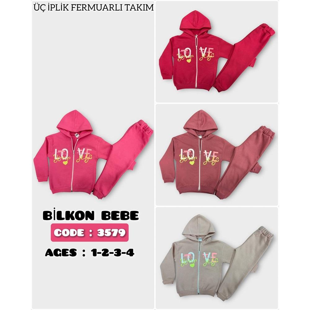 Bilkon 3579 Kız Çocuk 3 İp Love Baskılı Kapşonlu Sweat Takım 1-4 Yaş