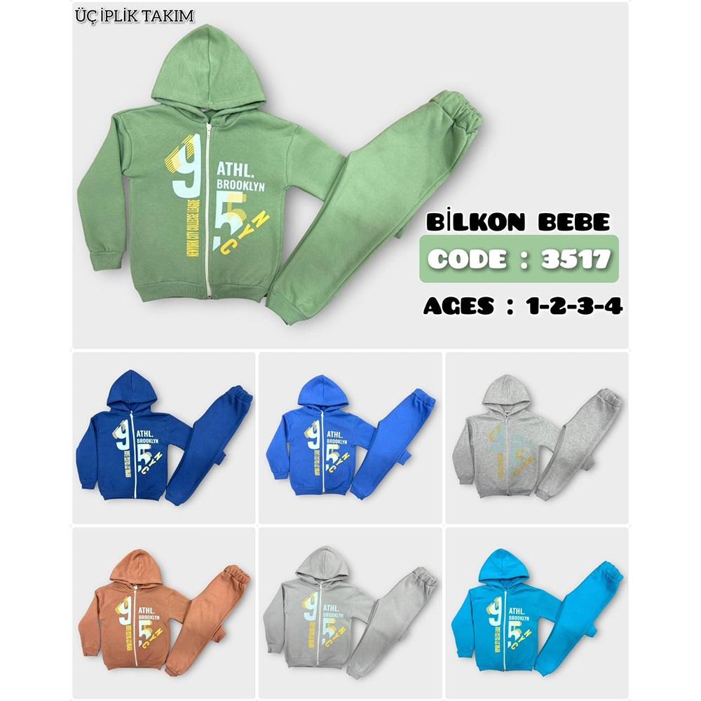 Bilkon 3517 Erkek Çocuk 3 İp 95 Baskılı Kapşonlu Sweat Takım 1-4 Yaş