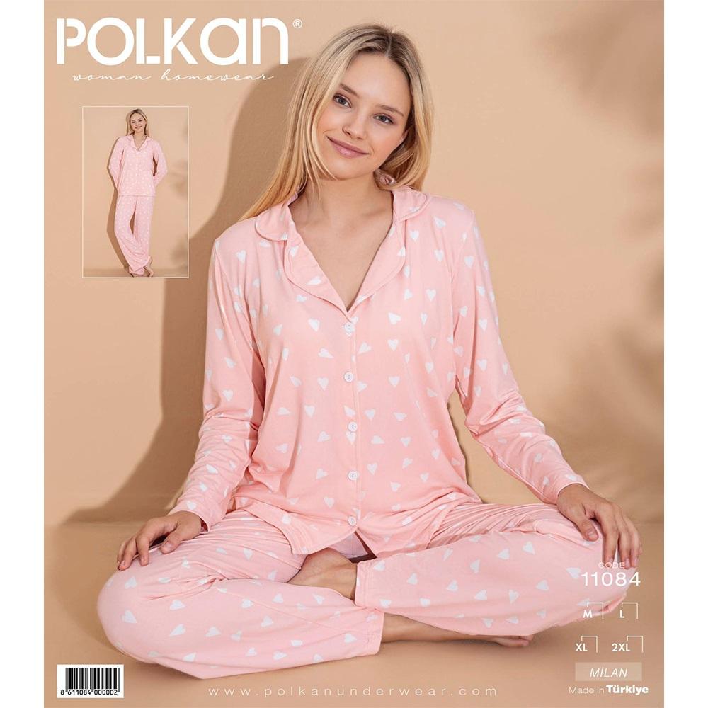 Polkan 11084 Bayan Milan Boydan Düğmeli Uzun Kol Pijama Takımı M-2XL