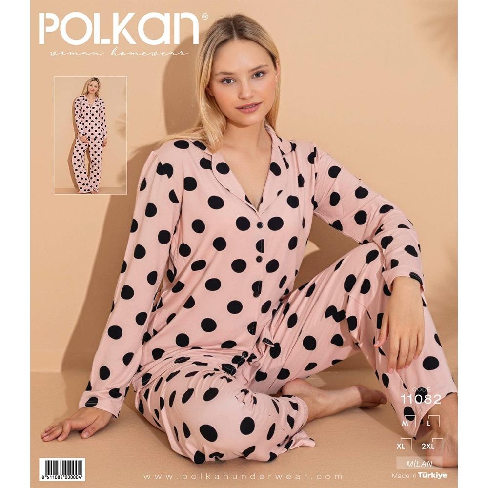 Polkan 11082 Bayan Milan Boydan Düğmeli Uzun Kol Pijama Takımı M-2XL