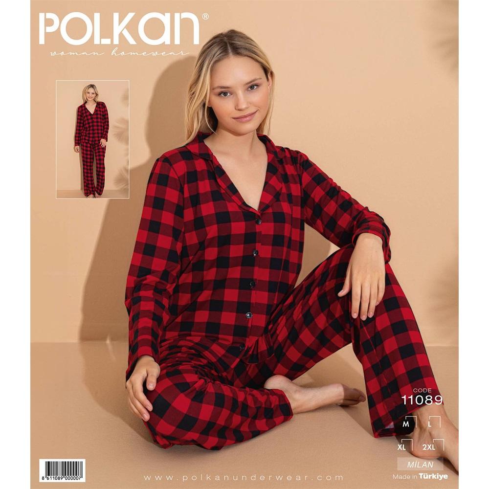 Polkan 11089 Bayan Milan Boydan Düğmeli Uzun Kol Pijama Takımı M-2XL