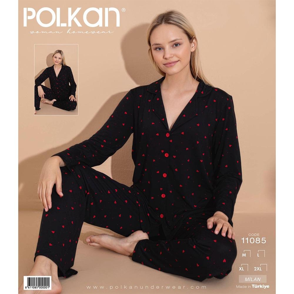 Polkan 11085 Bayan Milan Boydan Düğmeli Uzun Kol Pijama Takımı M-2XL