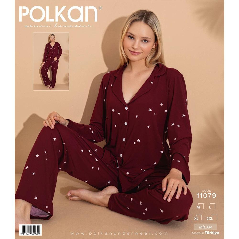 Polkan 11079 Bayan Milan Boydan Düğmeli Uzun Kol Pijama Takımı M-2XL