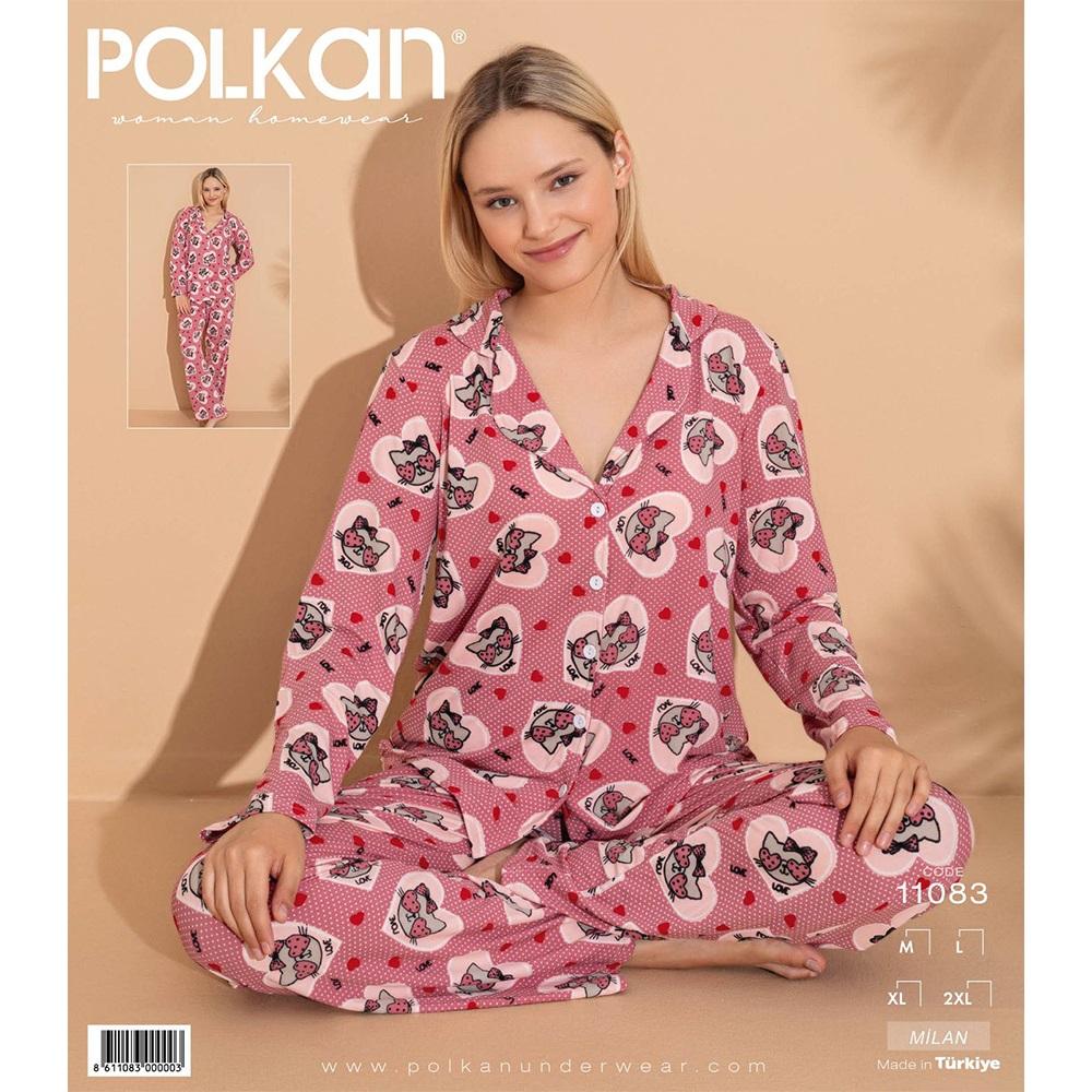 Polkan 11083 Bayan Milan Boydan Düğmeli Uzun Kol Pijama Takımı M-2XL