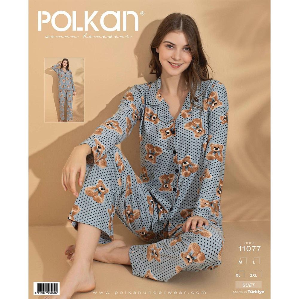 Polkan 11077 Bayan Boydan Düğmeli Süet Pijama Takımı M-2XL