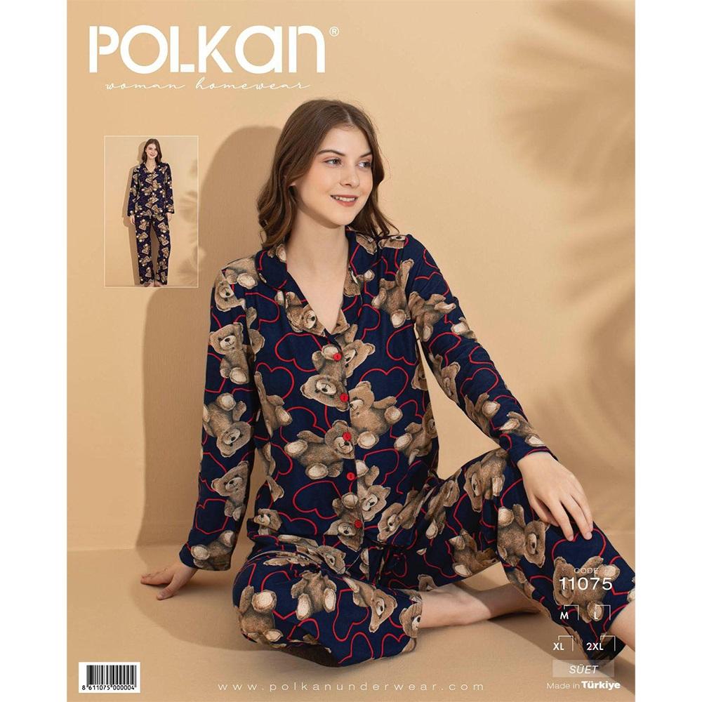 Polkan 11075 Bayan Boydan Düğmeli Süet Pijama Takımı M-2XL