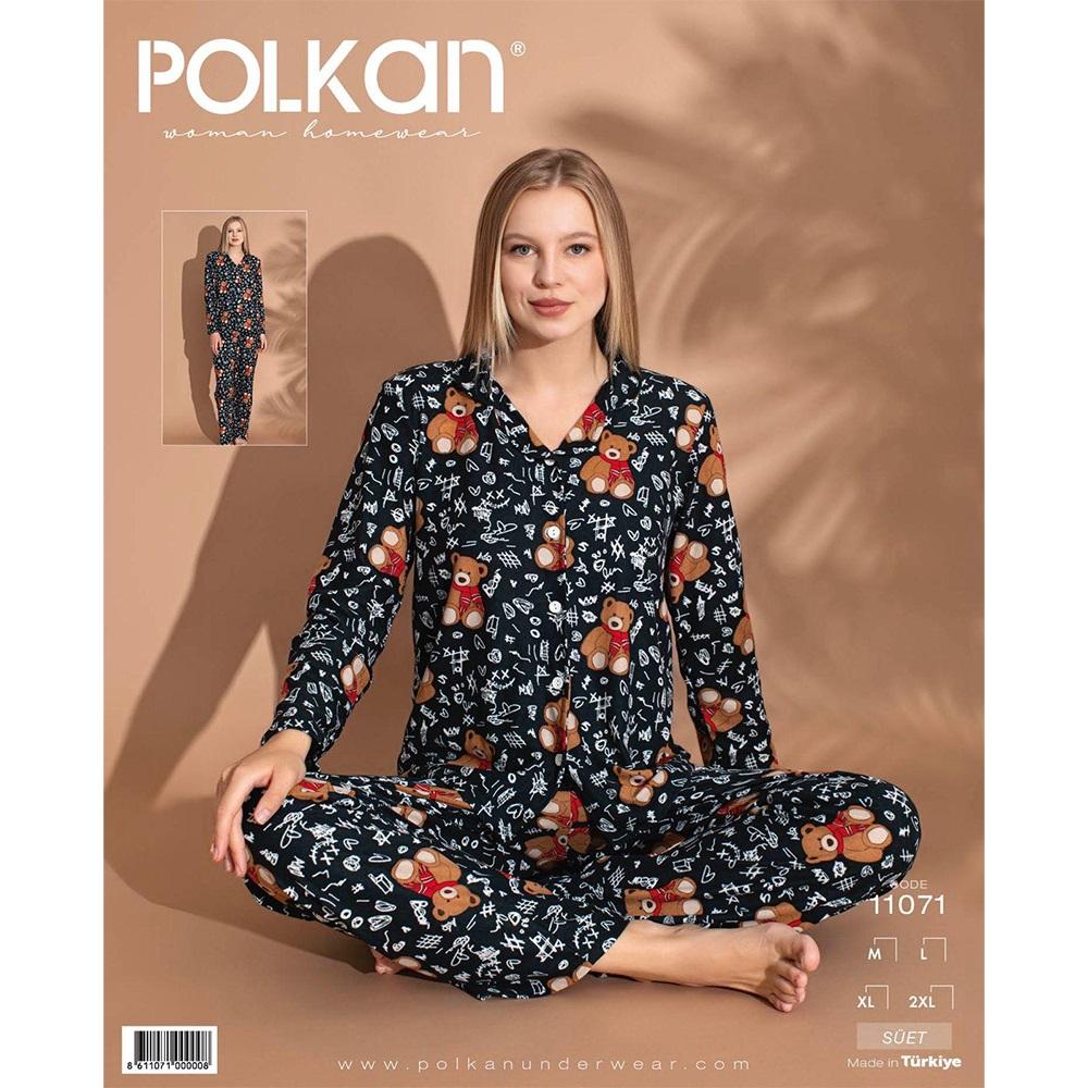 Polkan 11071 Bayan Boydan Düğmeli Süet Pijama Takımı M-2XL