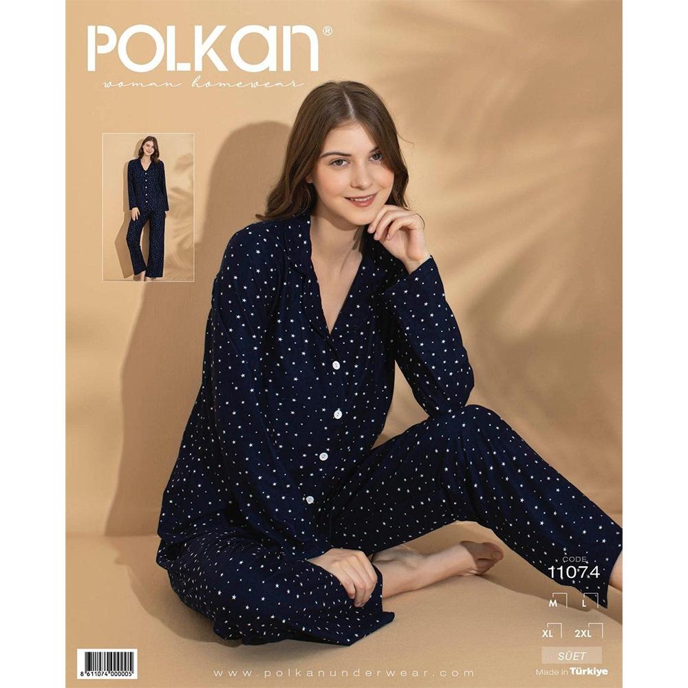 Polkan 11074 Bayan Boydan Düğmeli Süet Pijama Takımı M-2XL