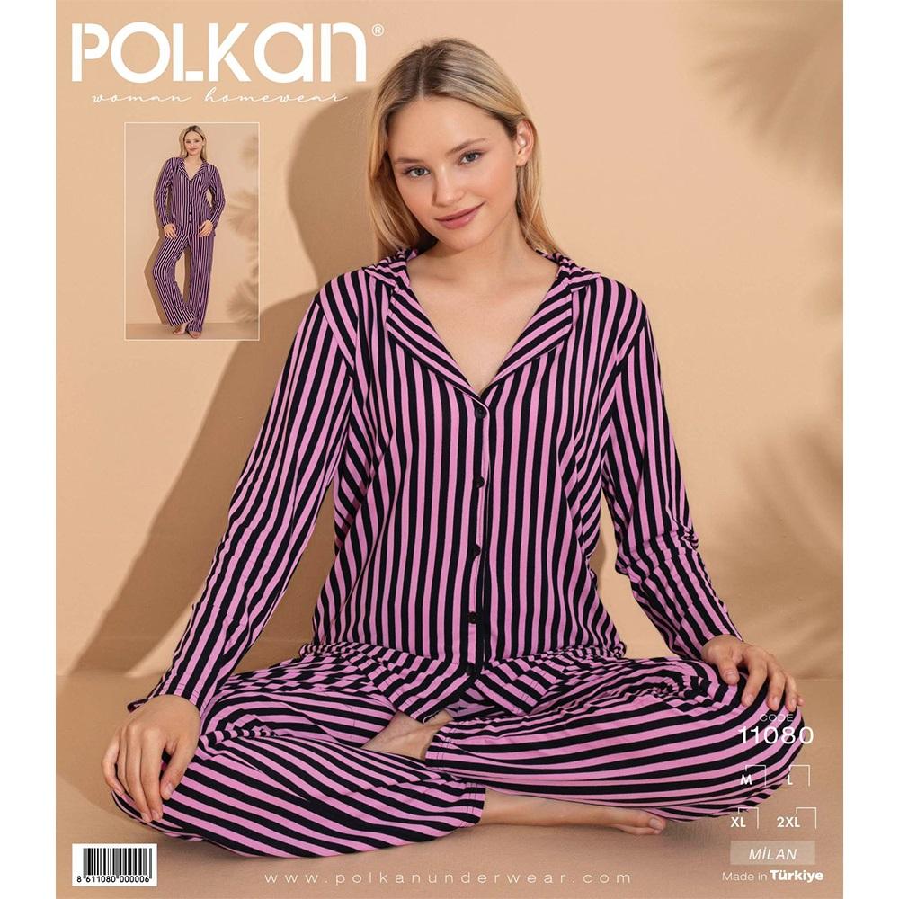 Polkan 11080 Bayan Milan Boydan Düğmeli Uzun Kol Pijama Takımı M-2XL