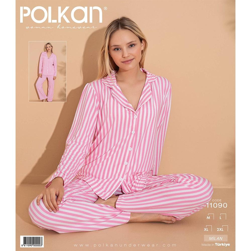 Polkan 11090 Bayan Milan Boydan Düğmeli Uzun Kol Pijama Takımı M-2XL