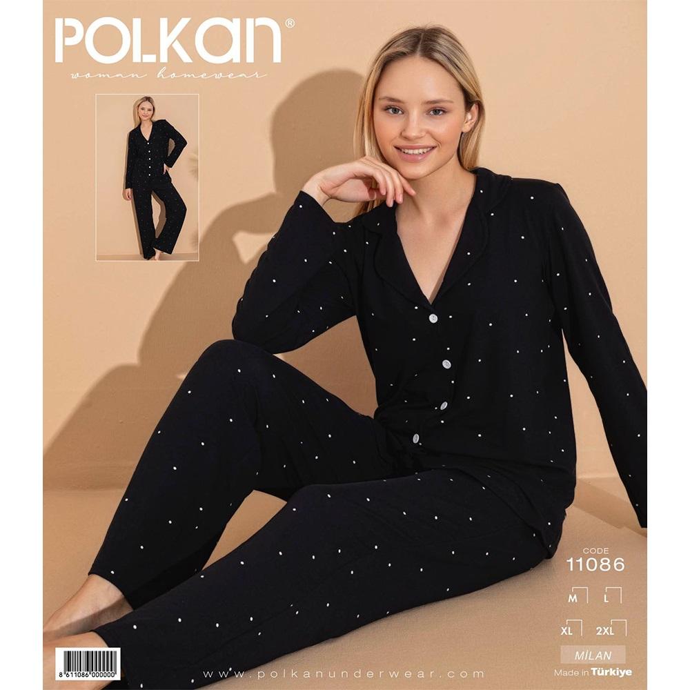 Polkan 11086 Bayan Milan Boydan Düğmeli Uzun Kol Pijama Takımı M-2XL