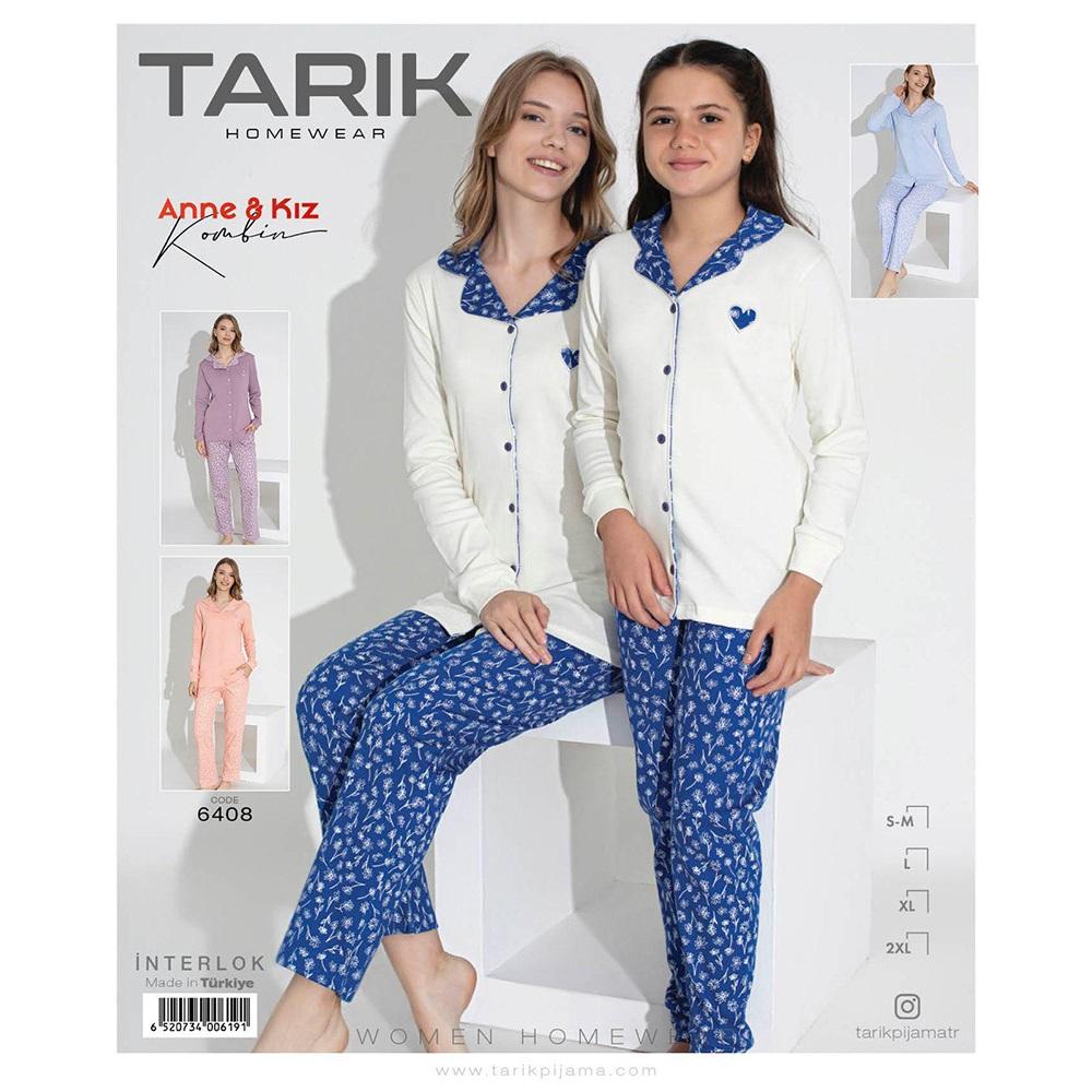 Tarık 6408 Bayan İnterlok Desenlı Boydan Düğmeli Pijama Takımı S-2XL