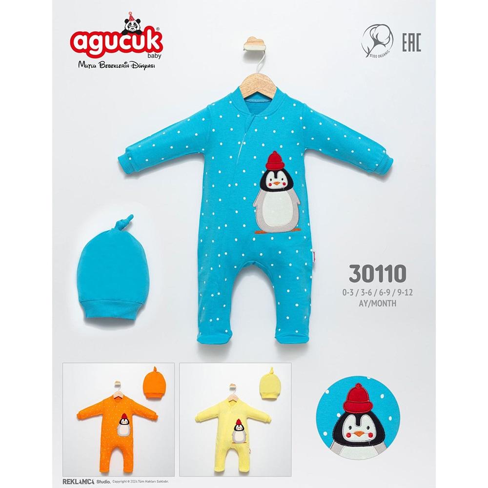 Agucuk Baby 30110 Bebe Penye Penguen Nakışlı Patiksiz Tulum 3-12 Ay
