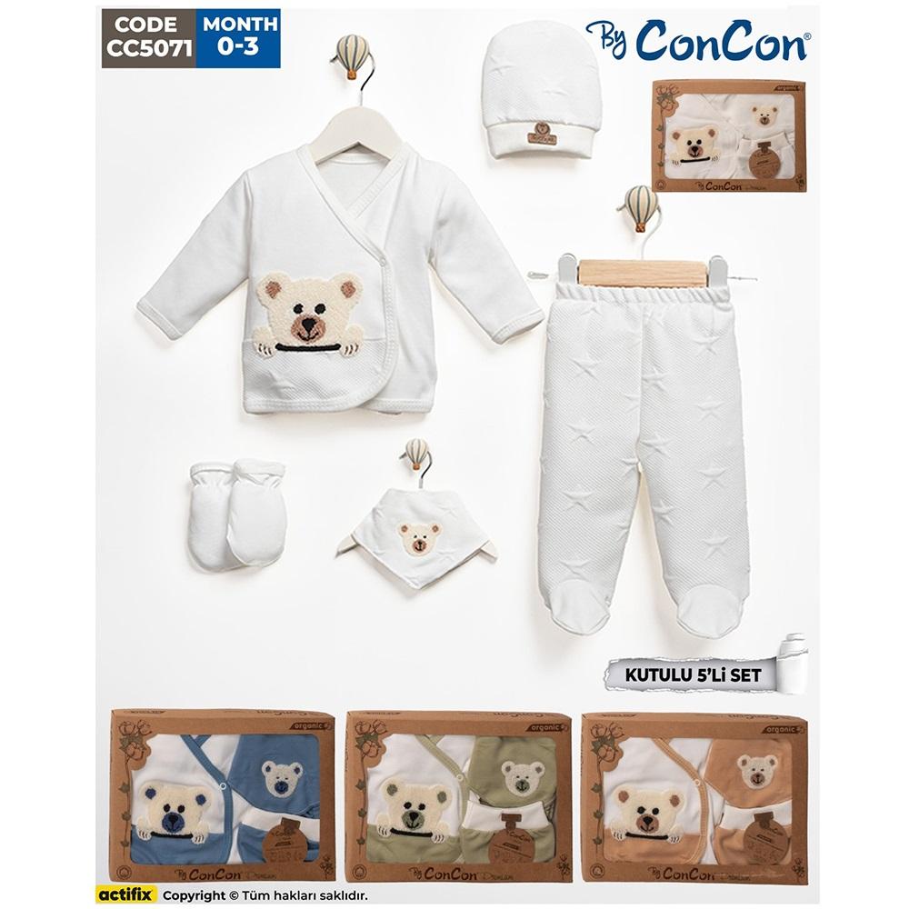 ConCon 5071 Bebe Organik Lüx Süzine Sevimli Panda Nakışlı 5 Parça Zıbın Set 0-3 Ay