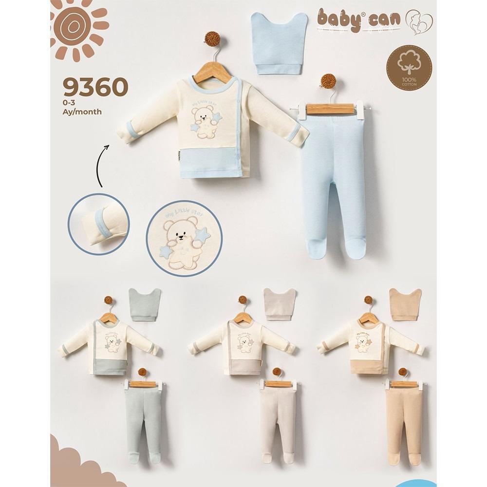 Baby Can 9360 Bebe Penye Svimli Ayıcık Yıldız Nakışlı Bereli 3 Parça Zıbın Takım 0-3 Ay