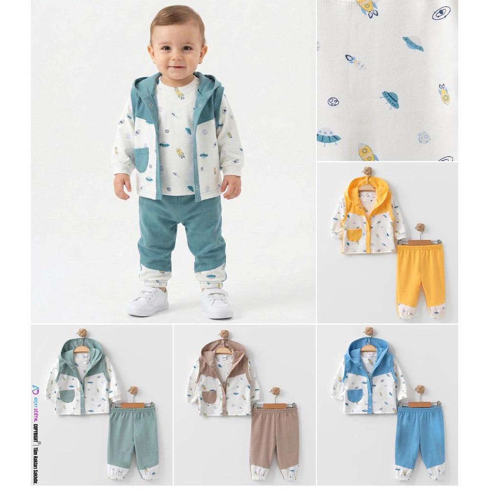 Çağkon 2025 Kız Çocuk Penye Çicek Baskısı Kapşonlu Yelekli 3 lü Takım 1-Yaş