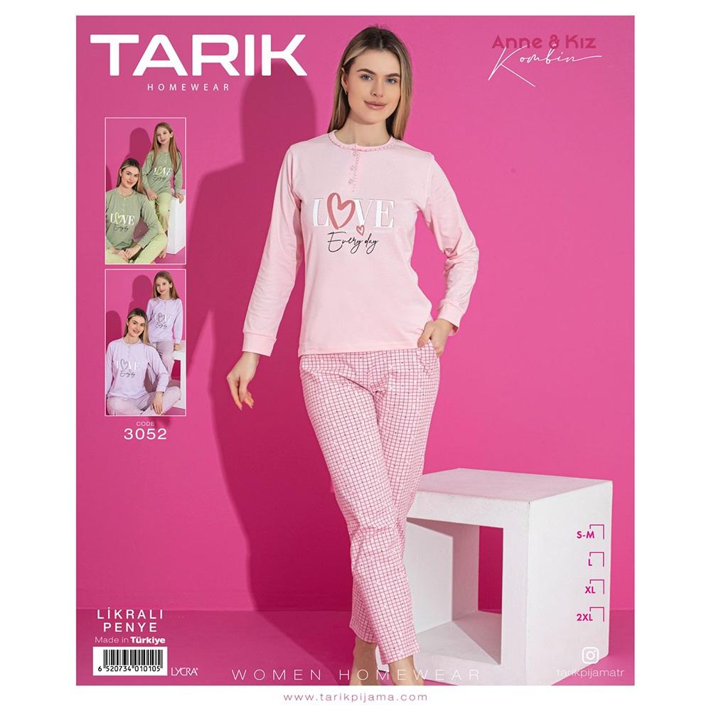 Tarık 3052 Bayan Penye Likralı Uzun Kol Pijama Takımı S-2XL