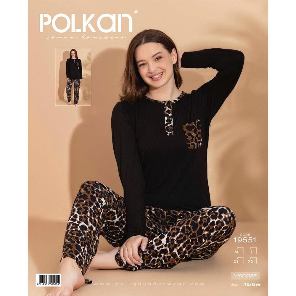 Polkan 19551 Bayan Viskon Desenli Uzun Kol Pijama Takımı M-2XL