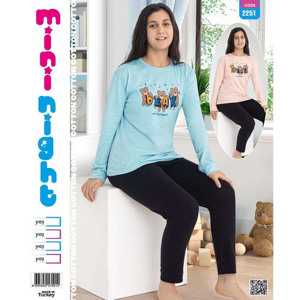 Mimi Night 2250 Kız Çocuk Penye Bear Baskılı U Kol Pijama Takımı 13-16 yaş