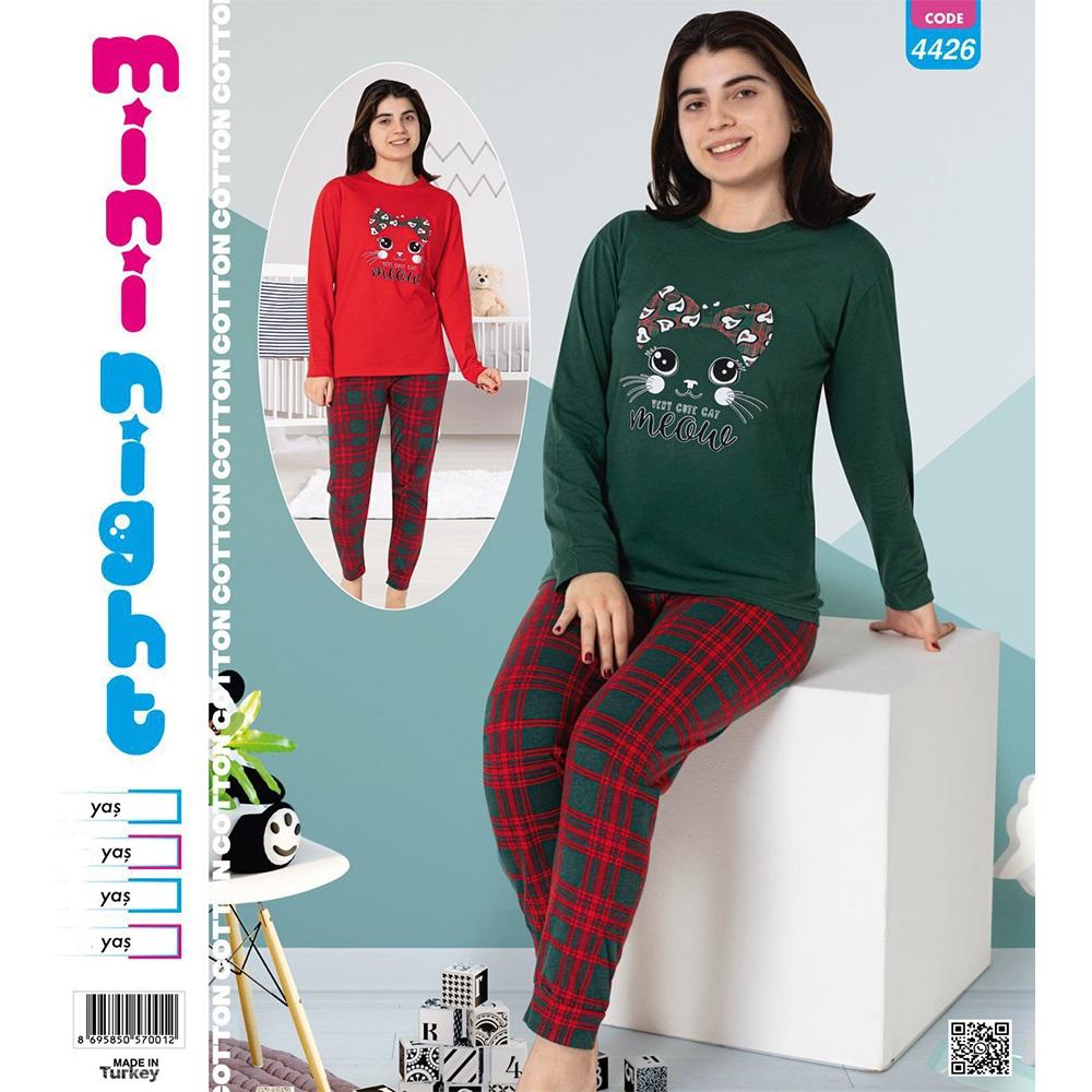 Mimi Night 4426 Kız Çocuk Penye Sevimli Kedi Baskılı U Kol Pijama Takımı 9-12 yaş