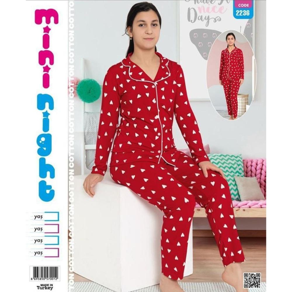 Mimi Night 2236 Kız Çocuk Penye Uzun Kol Gömlek Modeli Pijama Takımı 9-12 yaş