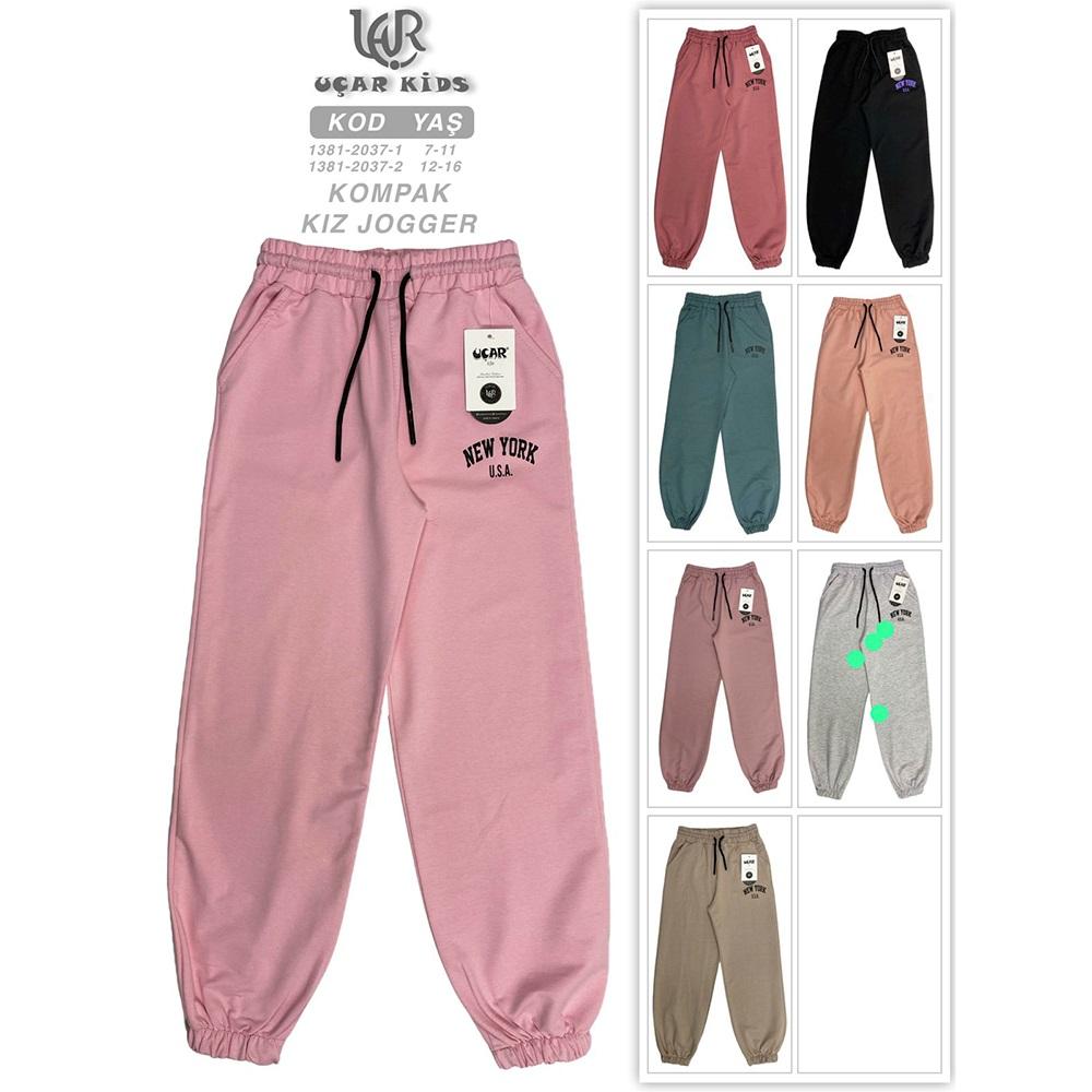 Uçar 1381-1 Kız Çocuk Kompak Penye New York Baskılı Yan Cepli Uzun Paça Lastikli Eşofman Alt 7-11 Yaş