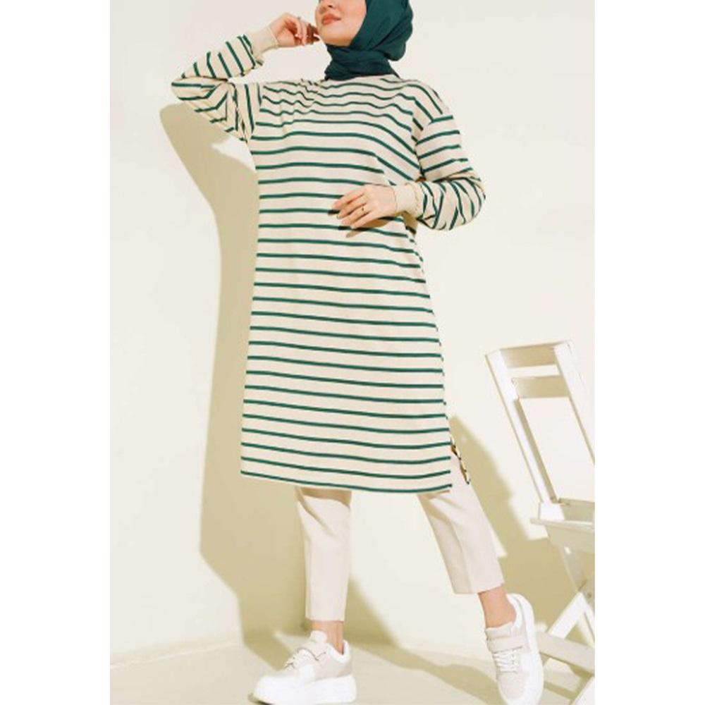 Nisanur Bayan Penye İki İpli Çizgili Uzun Sıfır Yaka Uzun Kol Tunik 2XL-5XL