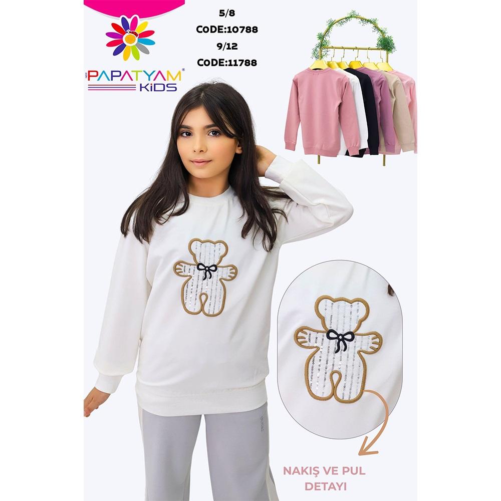 Papatyam Kids 11788 Kız Çocuk 2 İp Ayıcık Pullu Eva Nakışlı Sweat 9-12 Yaş