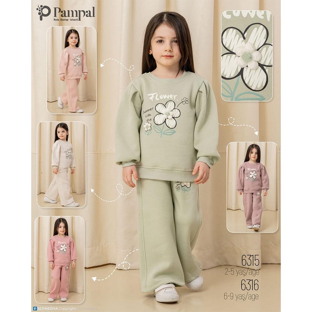 Pampal 6315 Kız Çocuk 3 İplik Kabartma Çiçek Nakışlı Takım 2-5 Yaş