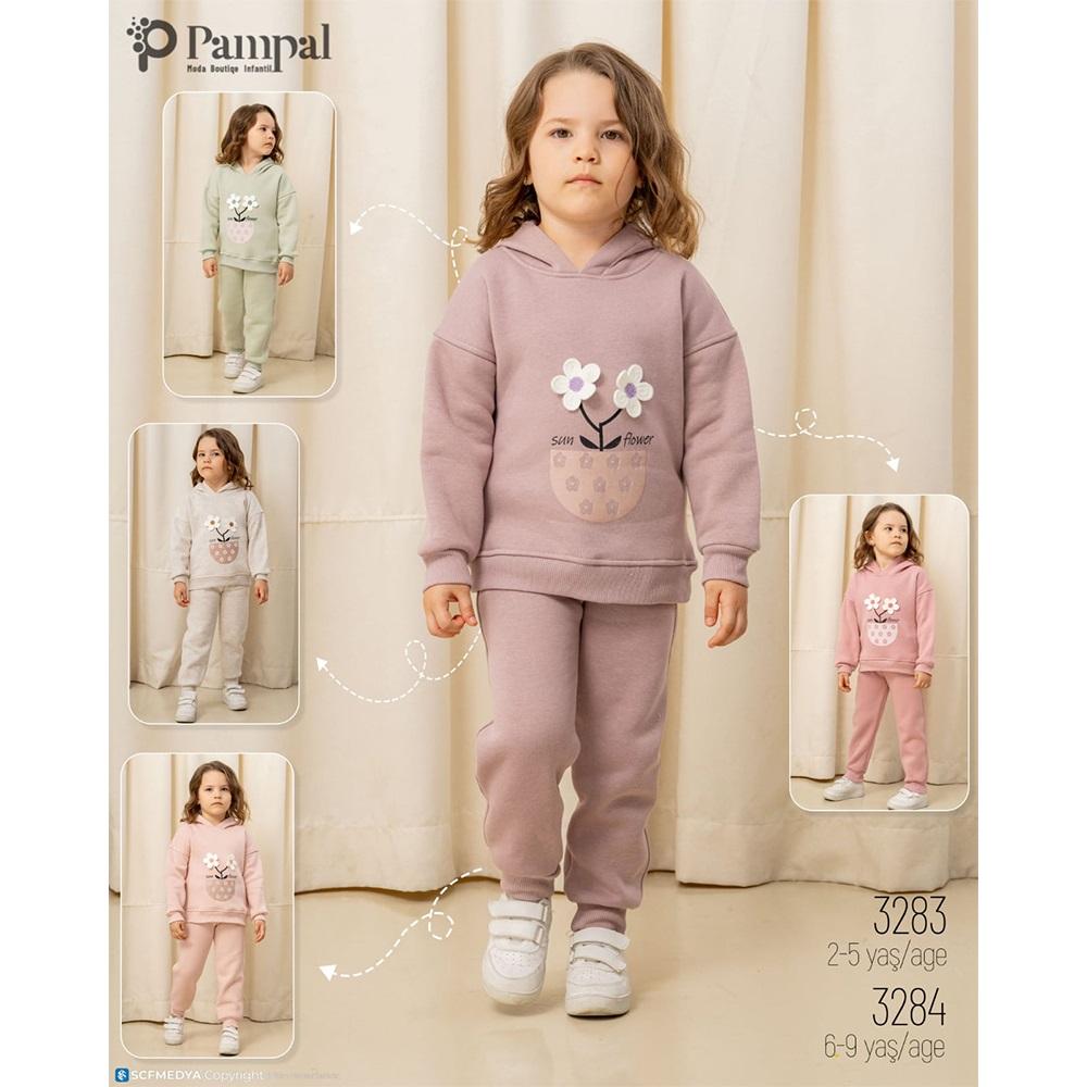 Pampal 3283 Kız Çocuk 3 İplik Kabartma 2 Çiçek Nakışlı Takım 2-5 Yaş