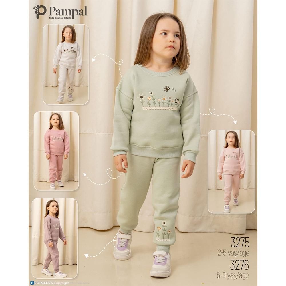 Pampal 3275 Kız Çocuk 3 İplik Çiçek Nakışlı Takım 2-5 Yaş
